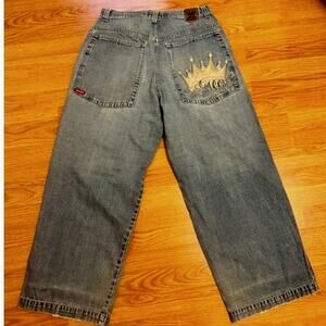 JNCO Wide Leg 90's Embroidered Big Crown Pocket Baggy Skater In Antique 34x32